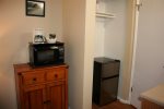 Coffe station, microwave, and mini fridge